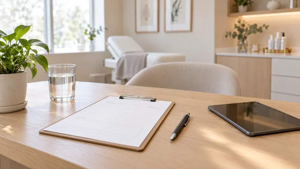 A clinic consultation desk with an intake clipboard, a pen and a tablet