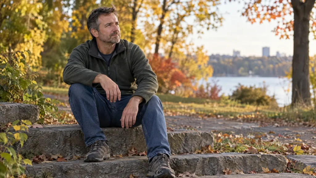 A man pausing on park steps during an autumn walk